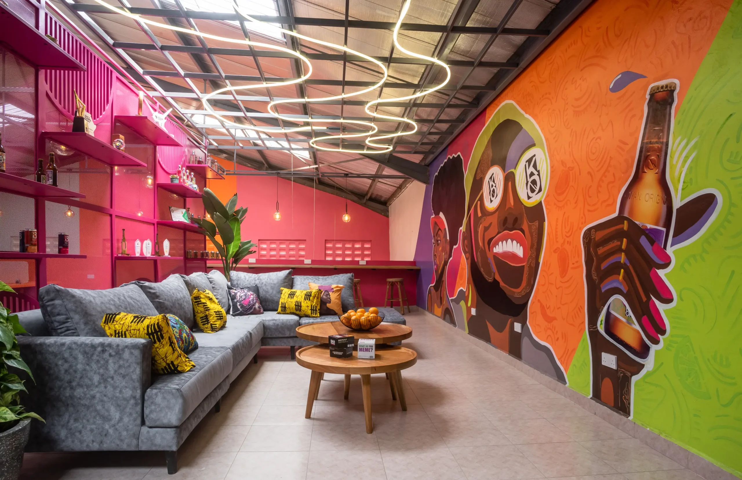 Colorful branded lounge with wall mural